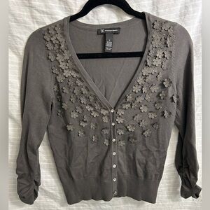 INC International Concepts Gray Cardigan Sweater 3D Floral Appliques Sz Small